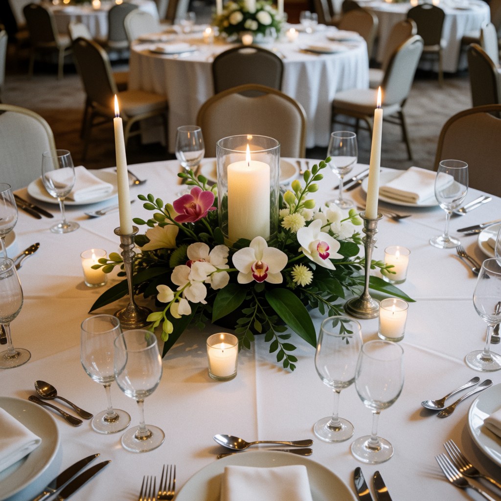 Elegant table centerpiece featuring white orchids, lit candles, and glassware at a wedding reception with white linens