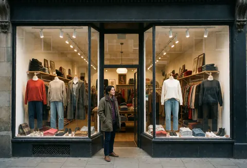 Urban clothing shop exterior featuring a lit display window, hanging garments, mannequins, and an open entrance creating a welcoming atmosphere.