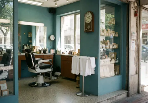 Barbershop interior featuring blue walls, barber chairs, white towels, and a window with natural light