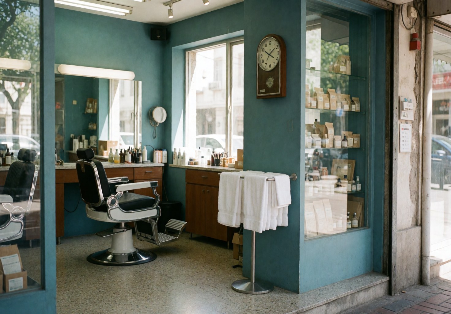 Barbershop interior featuring blue walls, barber chairs, white towels, and a window with natural light