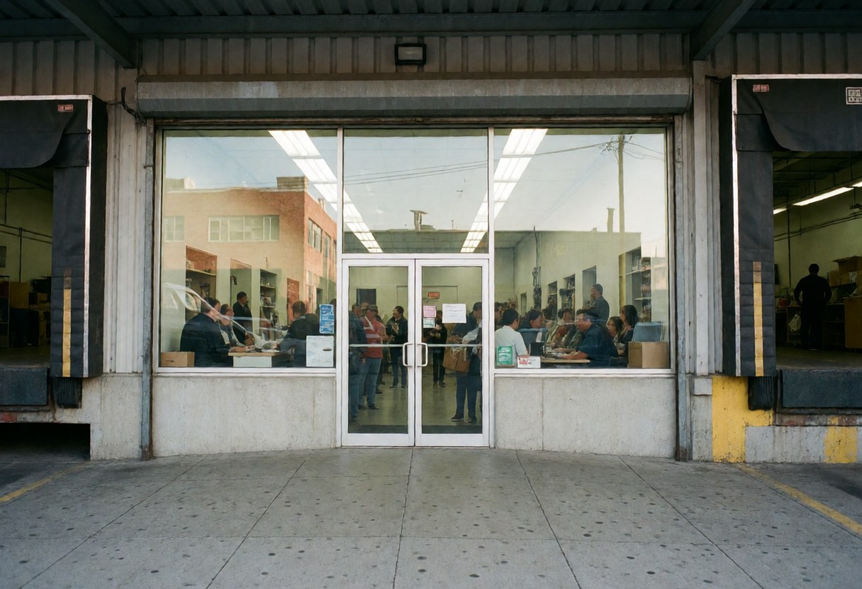Industrial factory exterior featuring a large window, metal facade, glass doors, and employees working inside the building.