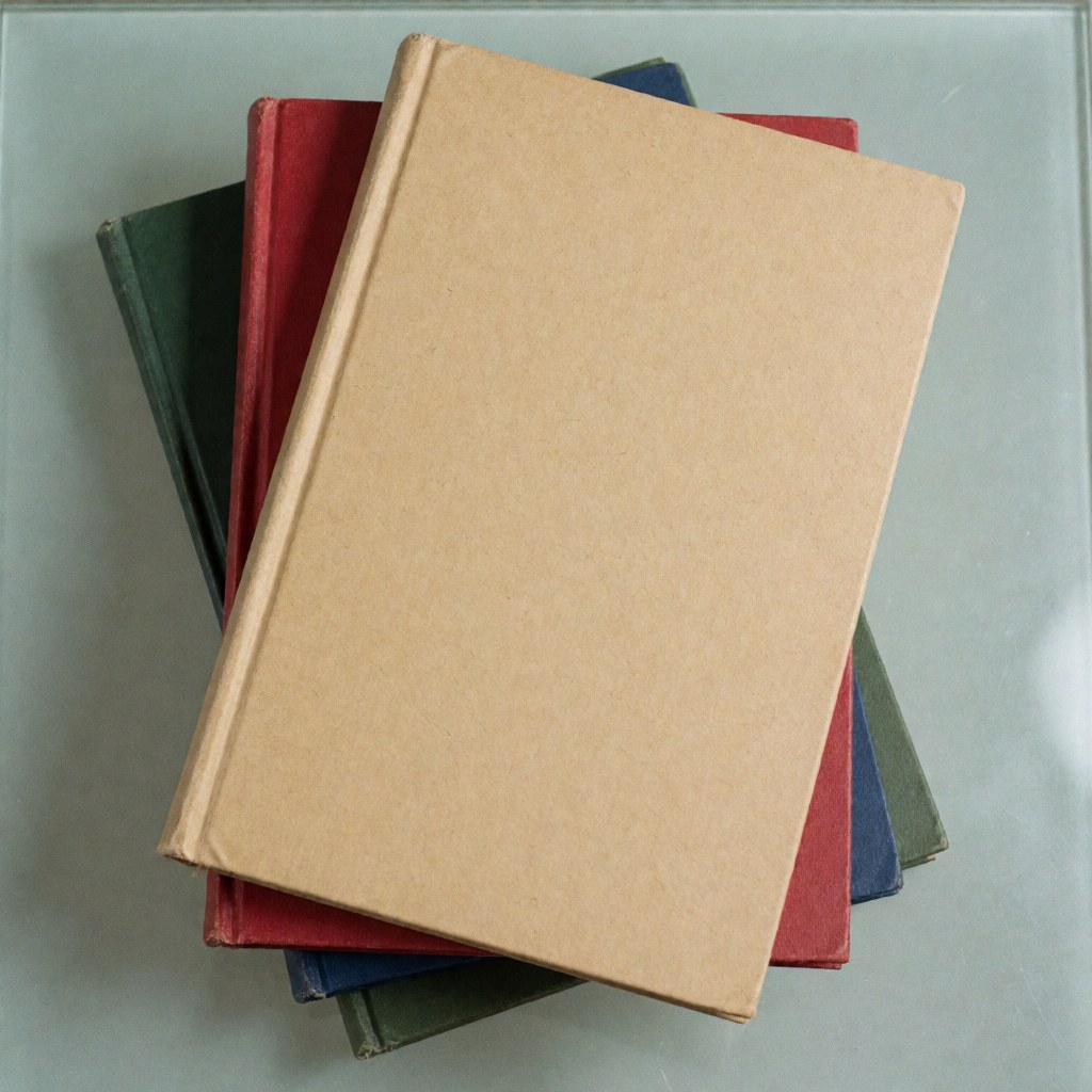 Top view of a pile of university textbooks with colorful covers placed on a glass surface for educational use