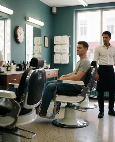 A young customer sits in a barber chair while a barber attends to him in a modern shop with green walls and mirrors.