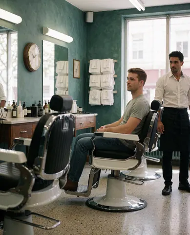 A young customer sits in a barber chair while a barber attends to him in a modern shop with green walls and mirrors.