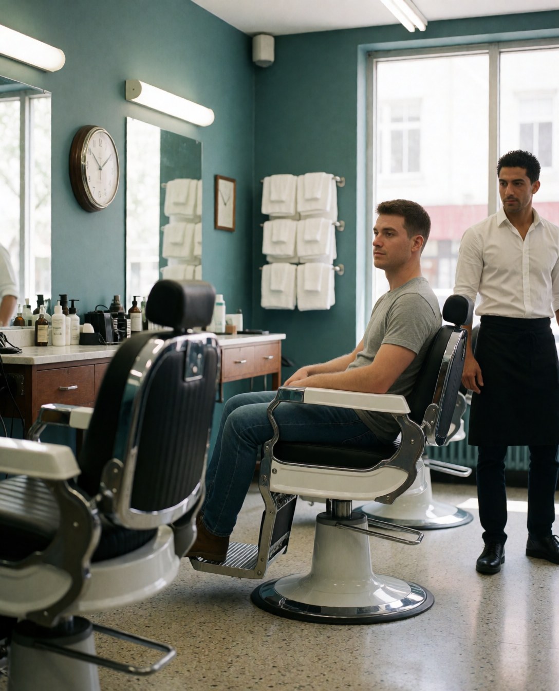 A young customer sits in a barber chair while a barber attends to him in a modern shop with green walls and mirrors.