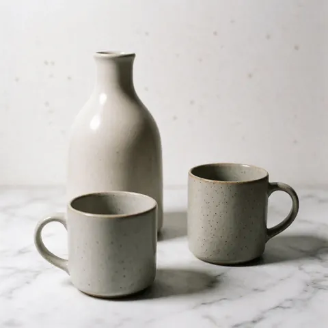 Three ceramic mugs with speckles on a white marble surface.