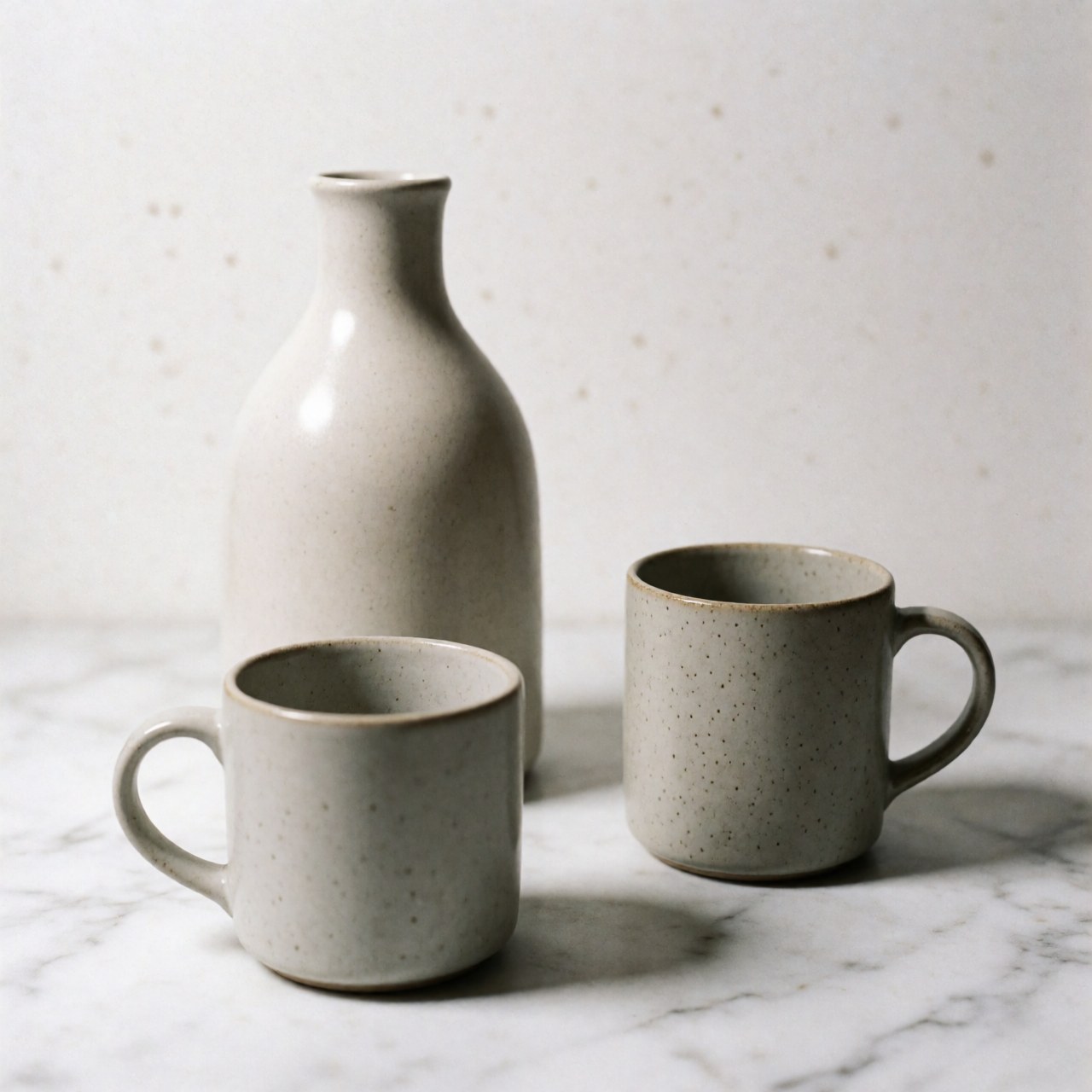 Three ceramic mugs with speckles on a marble surface.