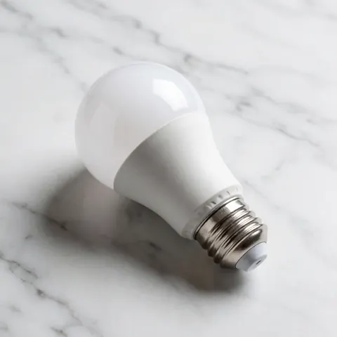 A white LED bulb resting on a white marble surface with gray veins.