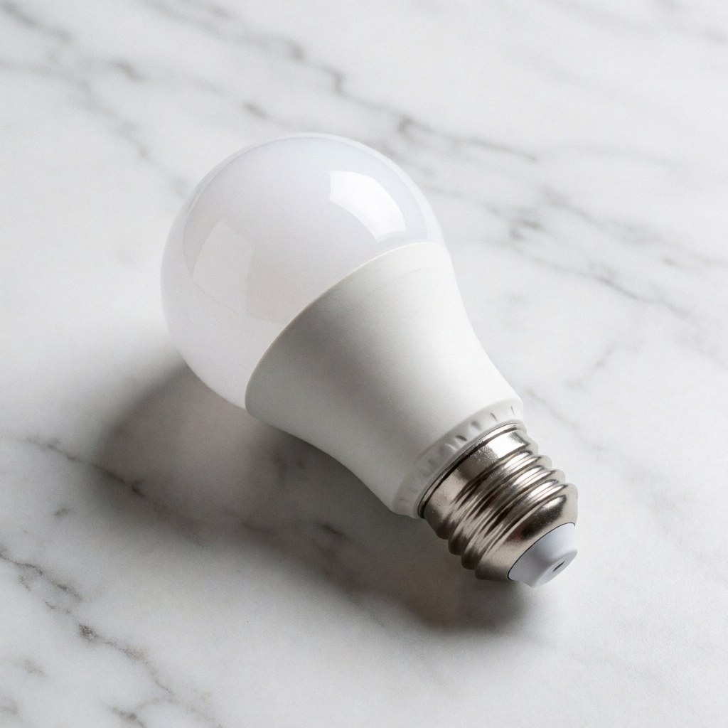 A white LED bulb resting on a white marble surface with gray veins.