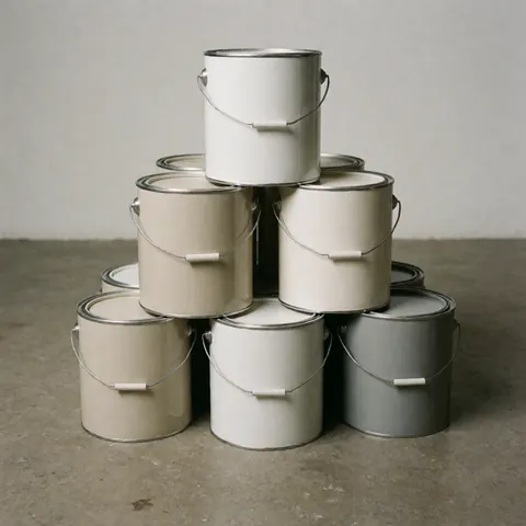 Stacks of paint cans in neutral tones on a concrete floor.