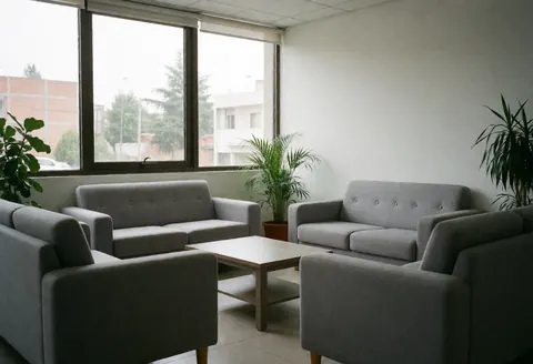 Clean and welcoming medical clinic waiting area featuring gray sofas, a coffee table, green plants, and large windows letting in natural light.
