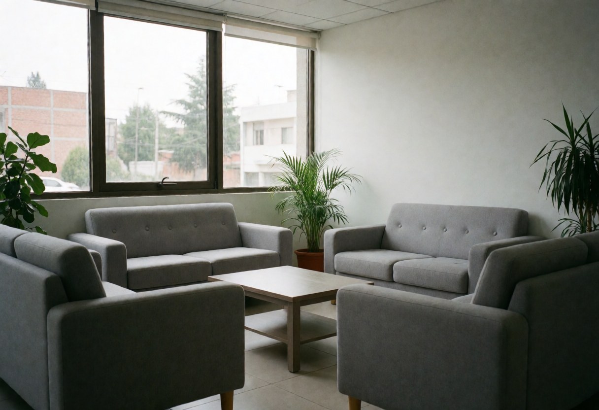 Clean and welcoming medical clinic waiting area featuring gray sofas, a coffee table, green plants, and large windows letting in natural light.