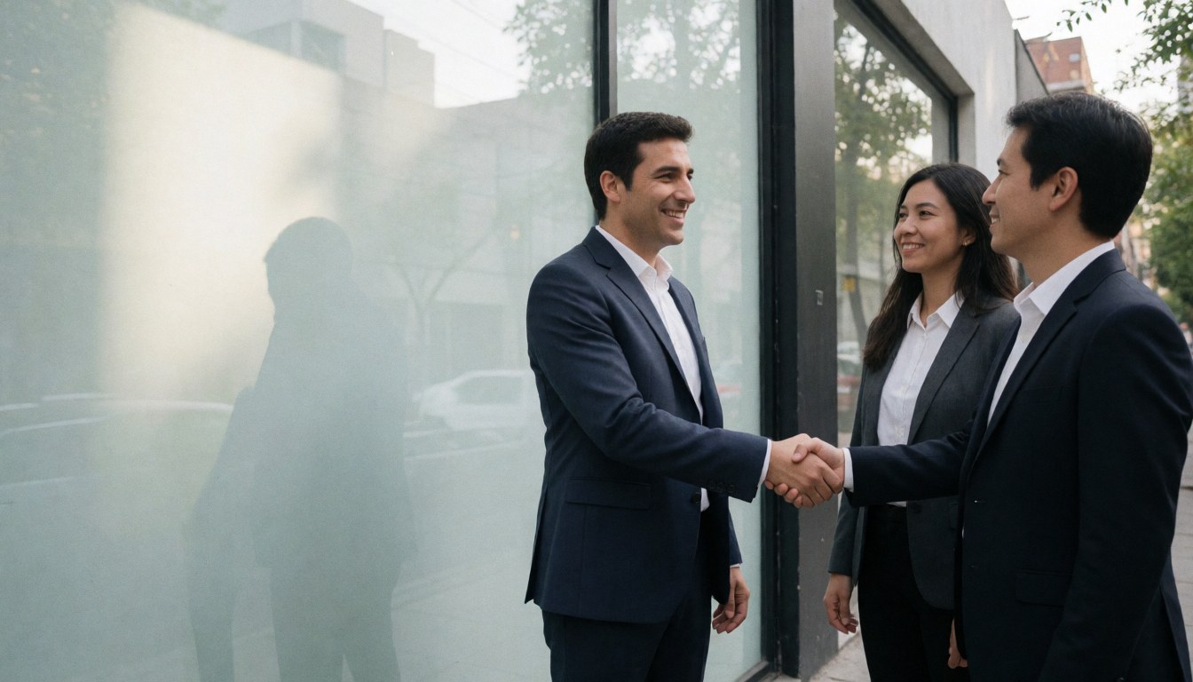 Smiling professionals shaking hands in front of a modern office with large windows, conveying a corporate atmosphere.