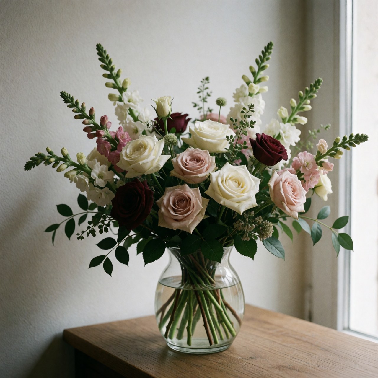 A floral arrangement with roses and wildflowers in a glass vase on a wooden table.