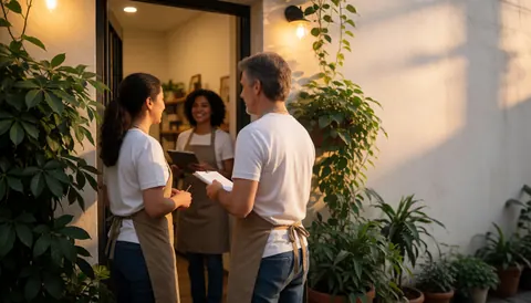 Three people in aprons attending customers at the entrance of a business with plants and warm lighting.