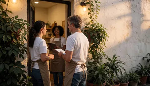 Three people in aprons attending customers at the entrance of a business with plants and warm lighting.