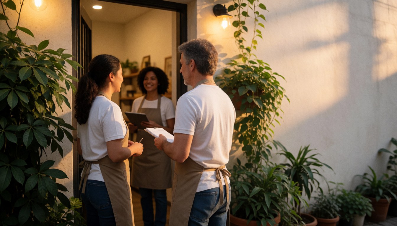 Three people wearing aprons stand at the entrance of a language school surrounded by green plants and warm sunset light, one holding a laptop and another a notebook