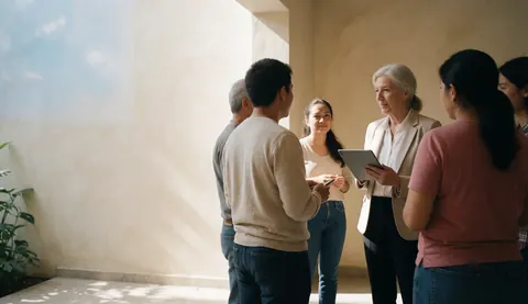An HR manager with a tablet talks with several employees in a well-lit lobby.