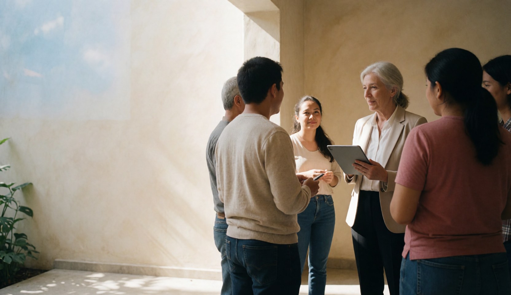 An HR manager with a tablet talks with several employees in a well-lit lobby.