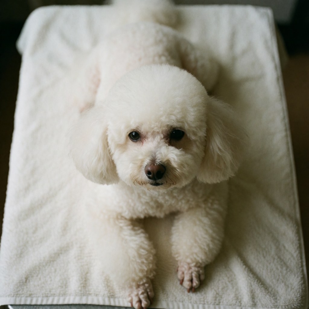A puppy with freshly groomed fur lies on a white towel, looking up.