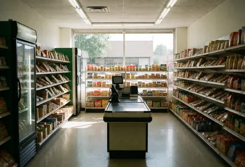 Empty minimarket interior featuring stocked shelves, a checkout counter, and bright natural sunlight streaming through the window