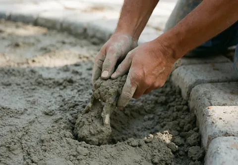 Worker's hand mixing gray cement to lay curbs on a street.