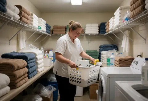 Employee cleaning laundry basket in a spa laundry room, surrounded by folded towels on shelves.