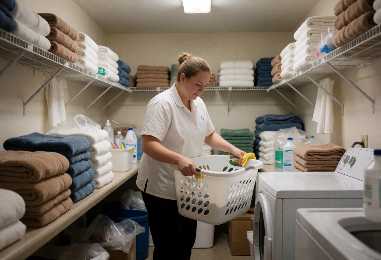 Employee cleaning laundry basket in a spa laundry room, surrounded by folded towels on shelves.