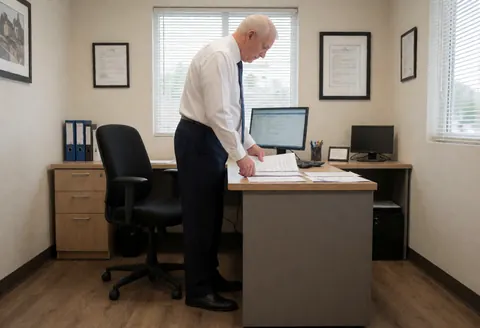 A businessman reviews papers on an office desk with a computer and binders.
