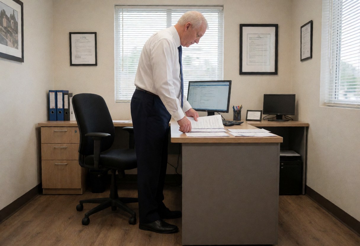 A businessman reviews papers on an office desk with a computer and binders.