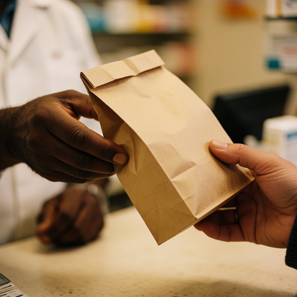 A pharmacist hands a paper bag with medicine to a customer in a pharmacy.