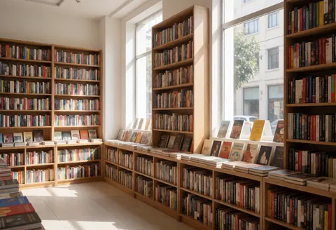 Interior view of a bookstore featuring wooden shelves filled with books and natural sunlight streaming through windows