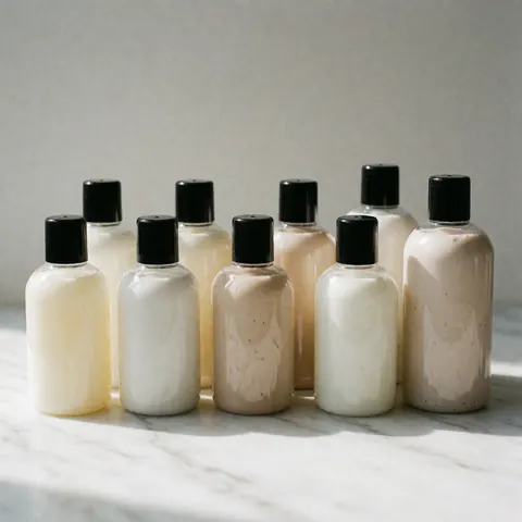 Rows of pet shampoo and conditioner bottles arranged on a white marble surface with natural light and soft shadows