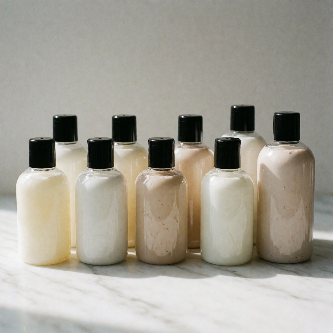 Rows of pet shampoo and conditioner bottles arranged on a white marble surface with natural light and soft shadows