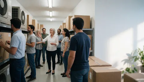 Female HVAC manager inspecting air conditioning units and inventory boxes in a clean warehouse with her team