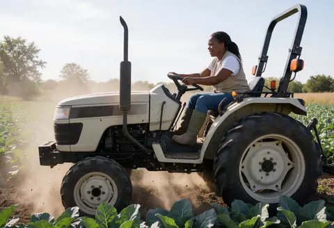 An Afro-Caribbean woman in work clothes operates a small tractor in a vegetable field, kicking up dust under natural light.