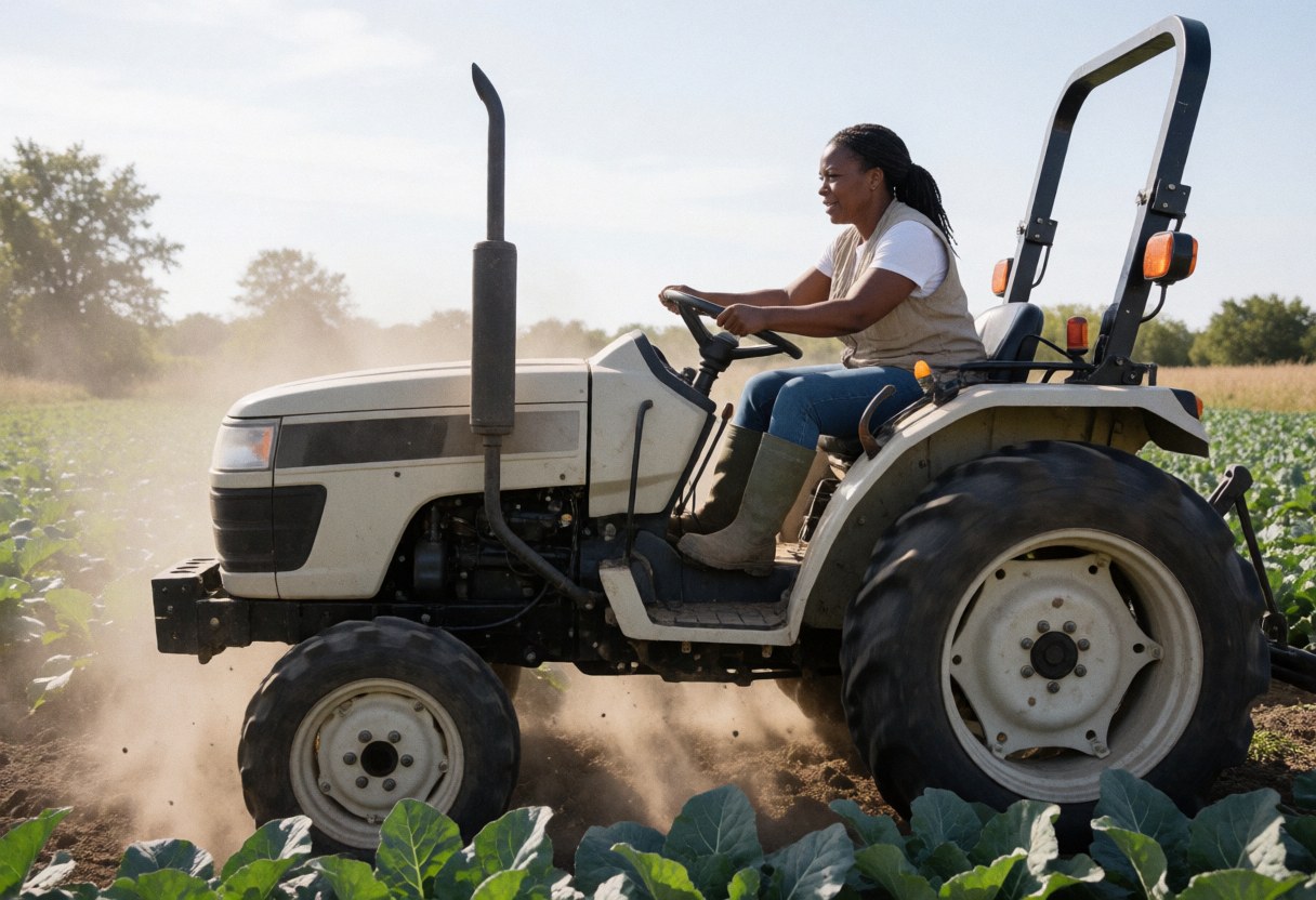 An Afro-Caribbean woman in work clothes operates a small tractor in a vegetable field, kicking up dust under natural light.