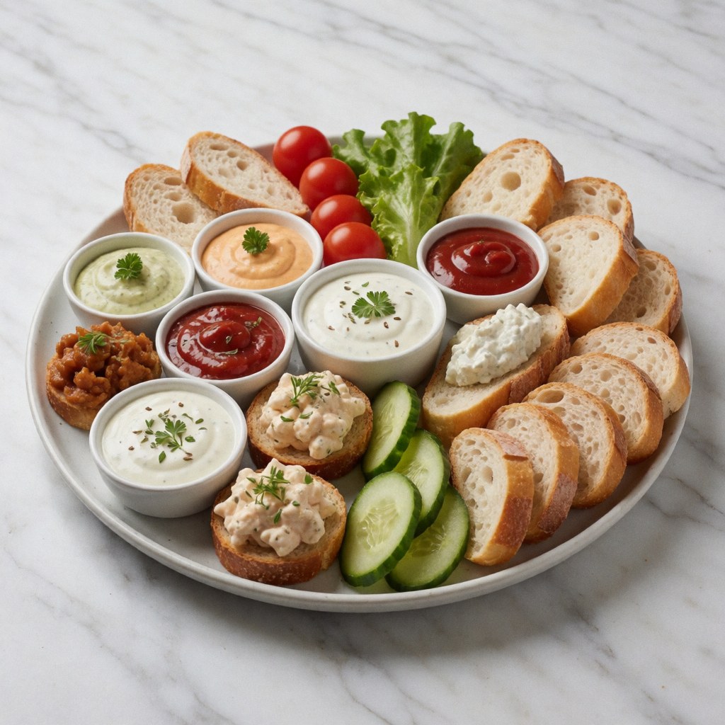 White marble platter featuring assorted dips, cucumber slices, cherry tomatoes, lettuce, and fresh bread slices