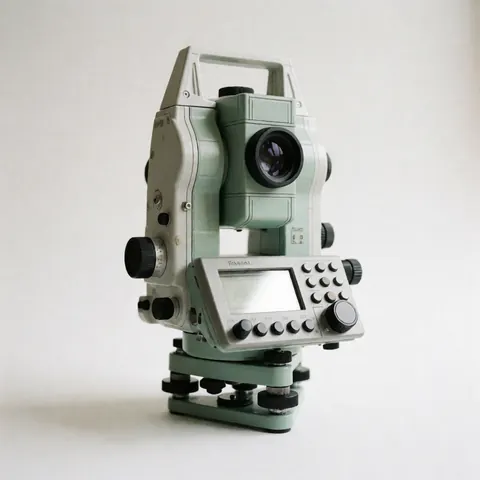 Digital engineering theodolite with screen and controls on white background for construction or surveying projects