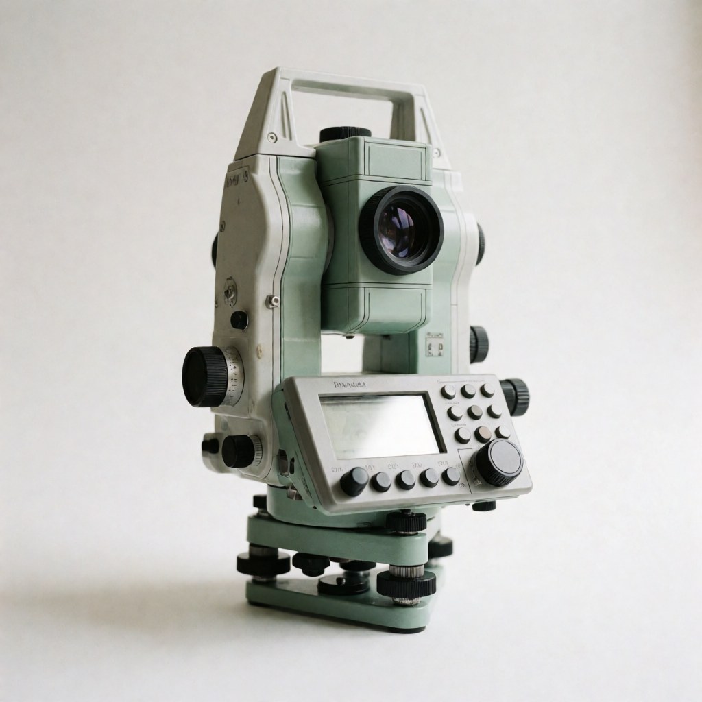 Digital engineering theodolite with screen and controls on white background for construction or surveying projects