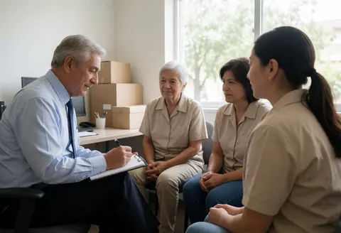 Senior psychologist writing notes while three women converse in a professional therapy office with natural window light