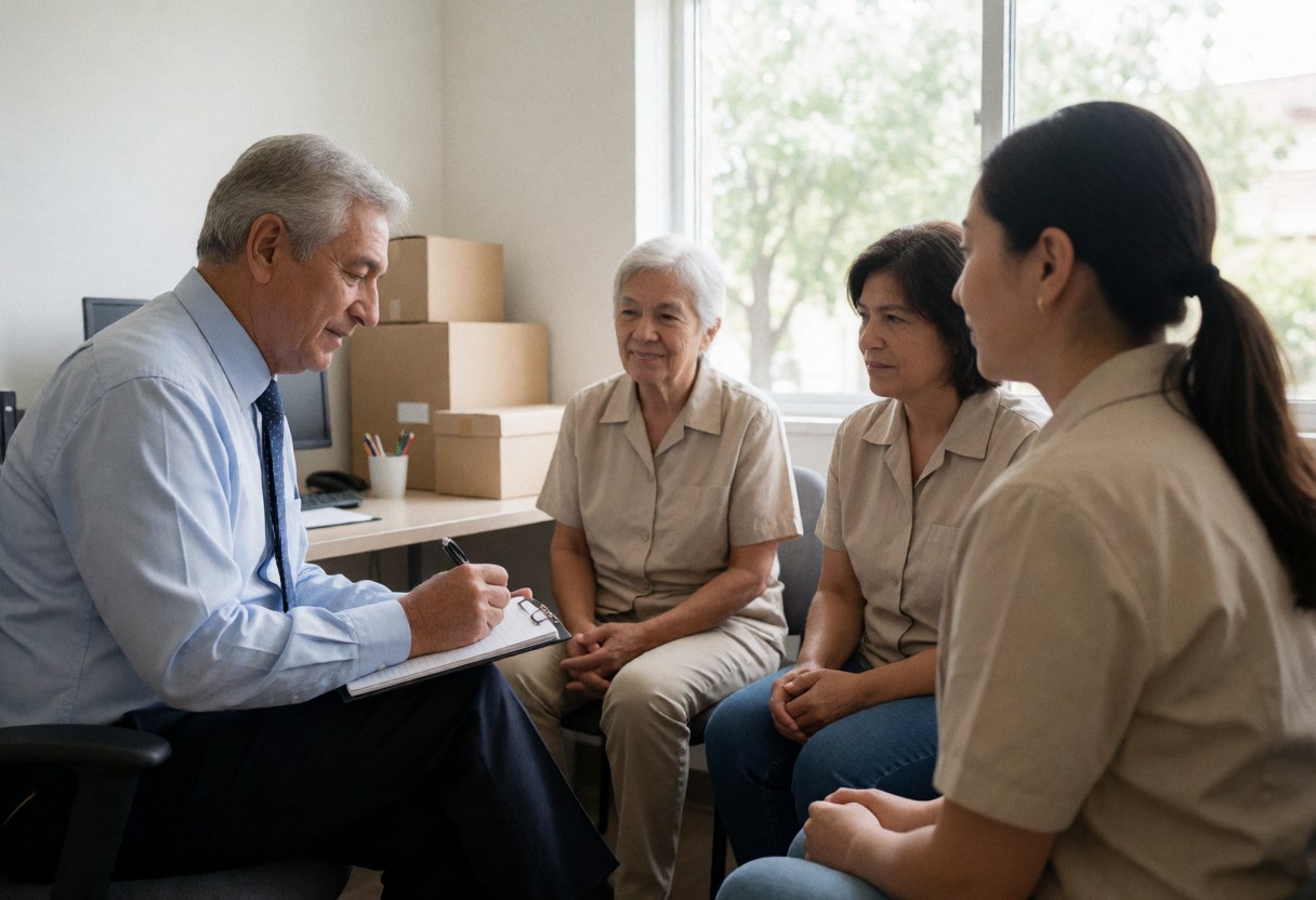 Senior psychologist writing notes while three women converse in a professional therapy office with natural window light