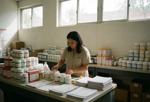 A nutritionist organizes supplement bottles and documents in a well-lit storage room surrounded by health products.
