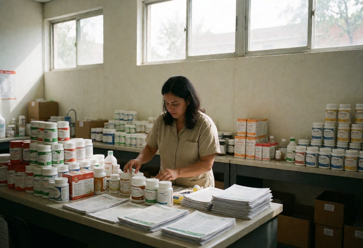 A nutritionist organizes supplement bottles and documents in a well-lit storage room surrounded by health products.