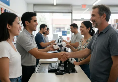 Young salesperson hands a boxed smartphone to an older client while shaking hands in a busy electronics store with other people in the background