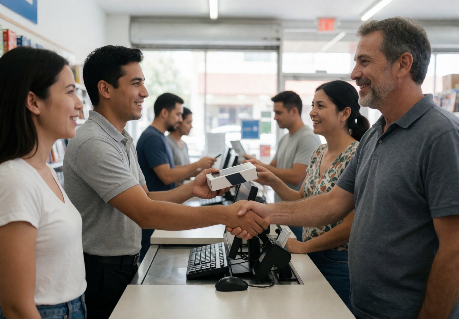 Young salesperson hands a boxed smartphone to an older client while shaking hands in a busy electronics store with other people in the background