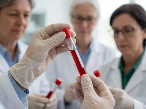 Gloved hand holding a test tube with red blood in a clinical laboratory setting with professionals in the background