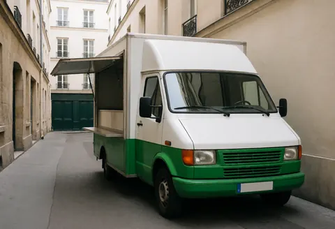 White food truck with green details parked on a quiet street lined with historic buildings