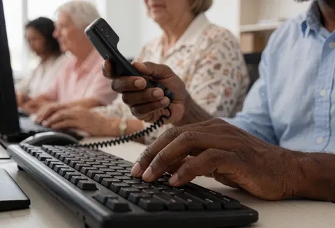 Close-up of a hand typing on a keyboard while holding a phone at a front desk with colleagues working in the background