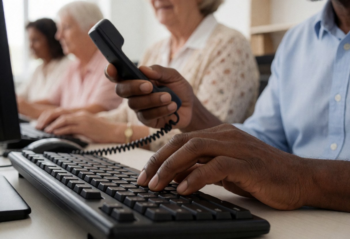 Close-up of a hand typing on a keyboard while holding a phone at a front desk with colleagues working in the background